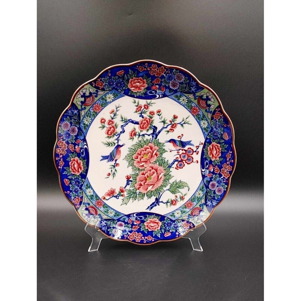 Vintage Blue Bird Rose Floral Scalloped Charger Plate Hirano Made in Japan 12.5"